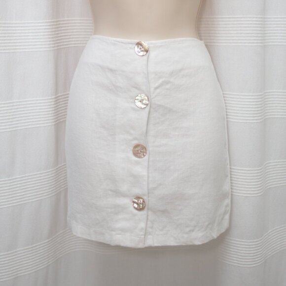 White Linen Mini Skirt with Real Mother of Pearl Buttons - Picture 2 of 13